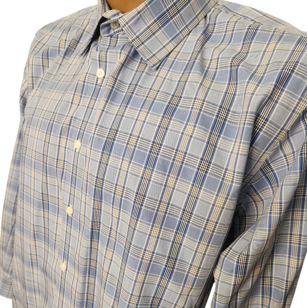 Men's Dress Shirt Blues, Hint of Yellow White Long Sleeve Shirt Size 17.5 34/35